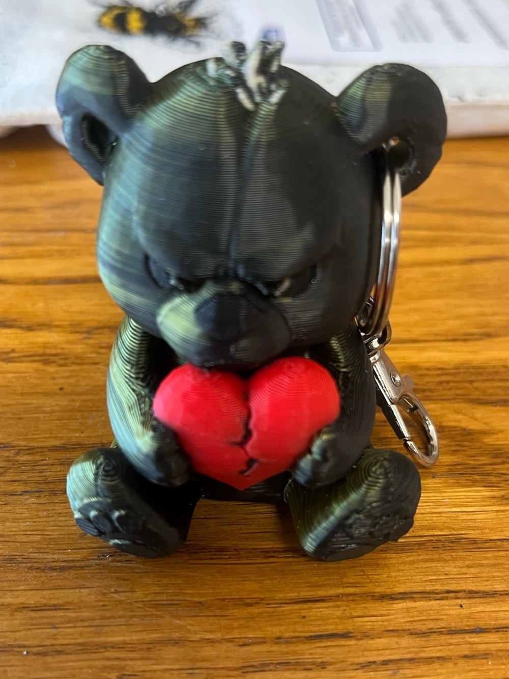 Black Bear Keychain Holding Red Broken Heart 3D